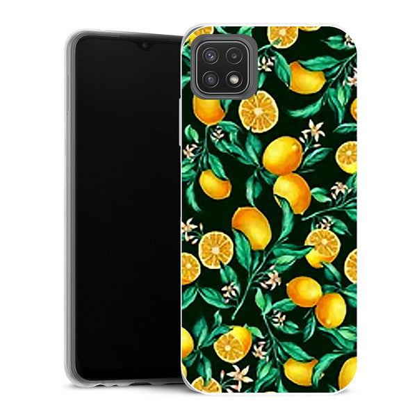 Coque Samsung Galaxy A22 5G Fleurs Oranges sur fond noir - MaCoquePerso