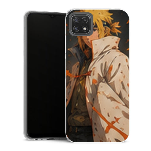 Coque Samsung Galaxy A22 5G Naruto Hokage Minato Manteau Blanc Feuilles Orange Portrait - MaCoquePerso