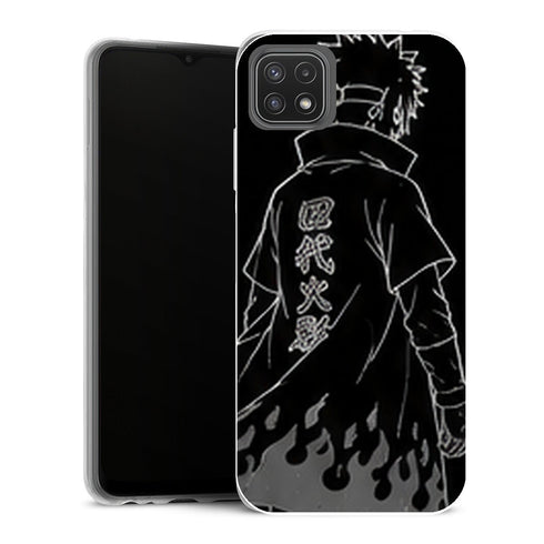 Coque Samsung Galaxy A22 5G Naruto Hokage Minato Noir Blanc Manteau Flammes Minimaliste - MaCoquePerso