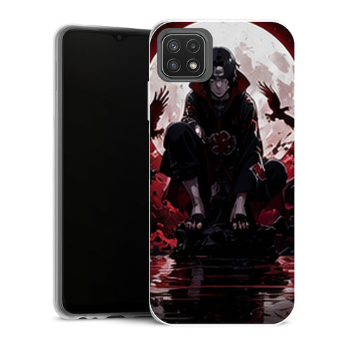 Coque Samsung Galaxy A22 5G Naruto Itachi Akatsuki Assis Pleine Lune Corbeaux Rouges - MaCoquePerso