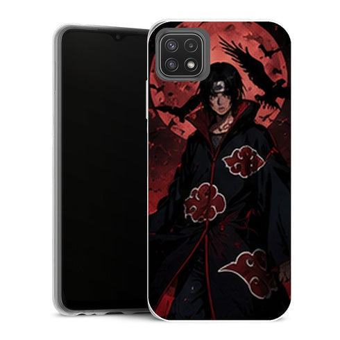 Coque Samsung Galaxy A22 5G Naruto Itachi Akatsuki Lune Rouge Corbeaux Manteau Noir - MaCoquePerso