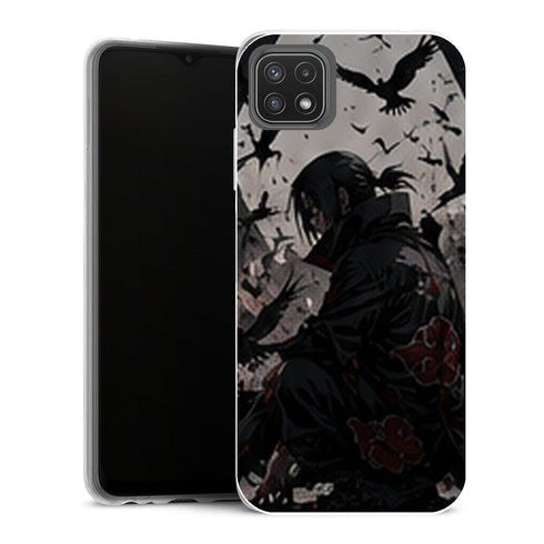 Coque Samsung Galaxy A22 5G Naruto Itachi Corbeaux Noir Blanc Akatsuki Assis - MaCoquePerso