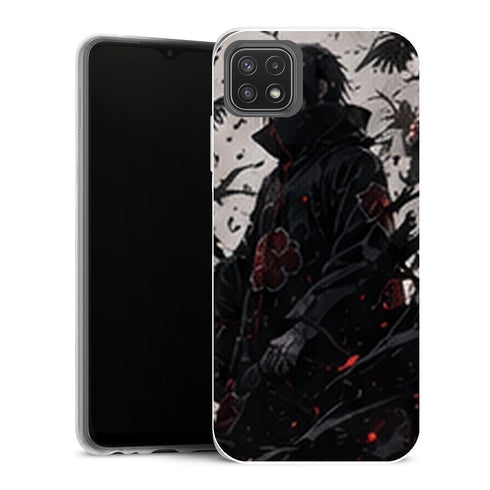 Coque Samsung Galaxy A22 5G Naruto Itachi Corbeaux Noir Blanc Manteau Akatsuki - MaCoquePerso