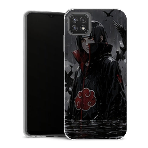 Coque Samsung Galaxy A22 5G Naruto Itachi Uchiha Pluie Corbeaux Akatsuki Noir Gris - MaCoquePerso