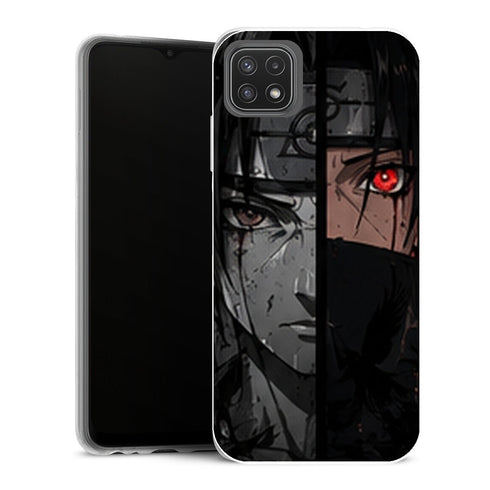 Coque Samsung Galaxy A22 5G Naruto Itachi Uchiha Visage Noir Blanc Sharingan Rouge - MaCoquePerso