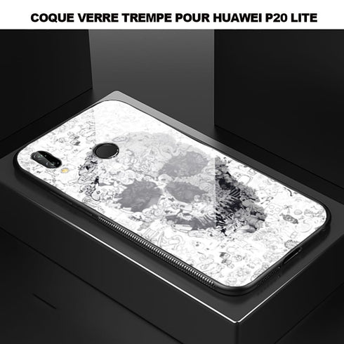 Coque de verre Trempé pour Huawei P20 LITE Doodle Skull look Cute