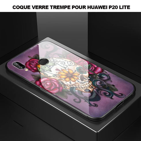 Coque hybride Verre Trempé Skull Flower Violet pour Huawei P20 LITE