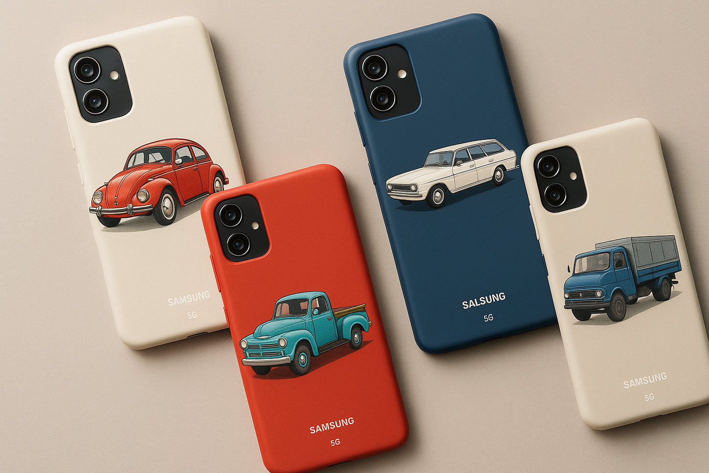 Realistic product photography of Samsung Galaxy A36 5G phone cases with cars and trucks, arranged in a stylish flat lay on a neutral background, high-resolution, sharp focus, premium lighting, realistic textures, French manufacturing aesthetic, vibrant colors, professional e-commerce photo style