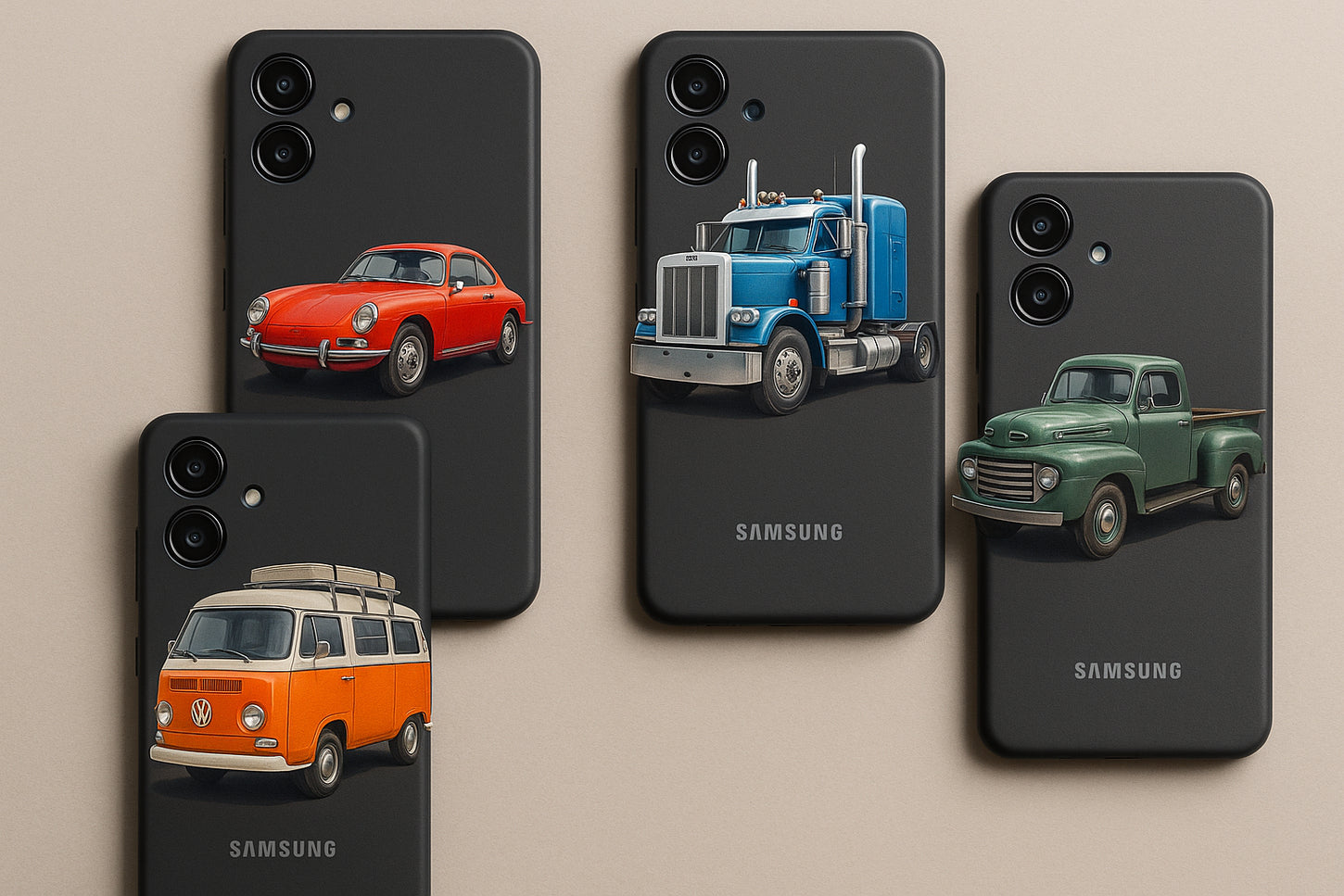 Realistic product photography of Samsung Galaxy A36 5G phone cases with cars and trucks, arranged in a stylish flat lay on a neutral background, high-resolution, sharp focus, premium lighting, realistic textures, French manufacturing aesthetic, vibrant colors, professional e-commerce photo style