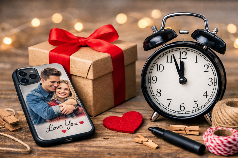 Coque personnalisée avec photo de couple posée devant un cadeau emballé et un réveil indiquant l’urgence, idée de cadeau personnalisé de dernière minute.