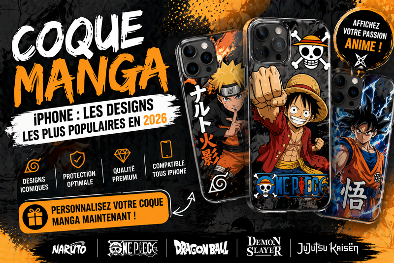 Coques iPhone manga avec personnages anime populaires comme ninja et héros stylisés, designs tendance 2026
