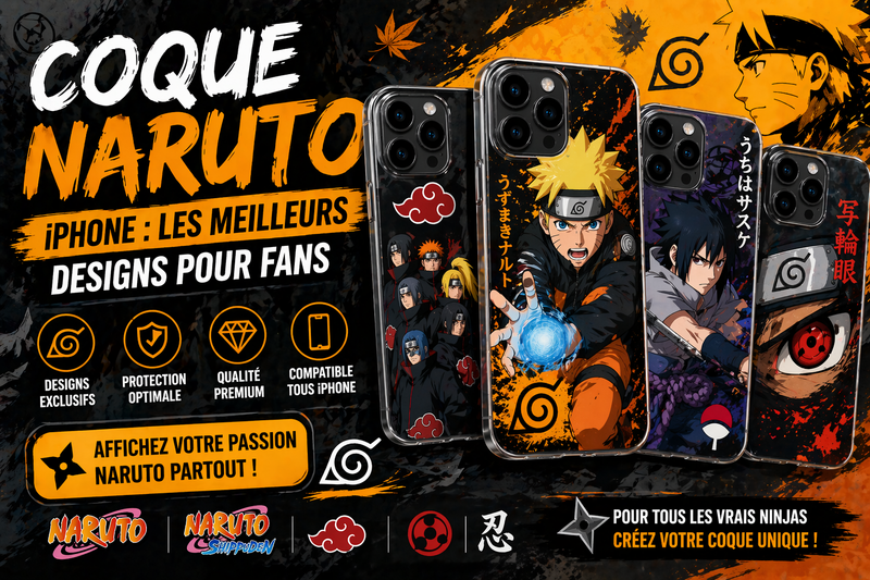 Coques iPhone Naruto avec personnages anime comme Naruto Uzumaki et Sasuke, designs populaires pour fans