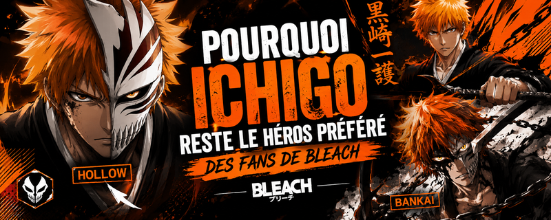 Ichigo Kurosaki en mode Bankai et Hollow sur une coque Bleach premium avec ambiance dark anime orange et noire