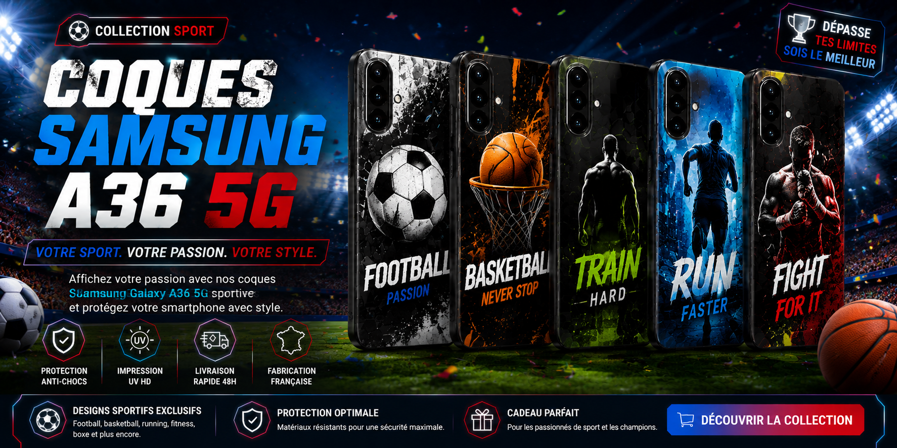 Banner coques Samsung Galaxy A36 5G sport football basketball running fitness boxe